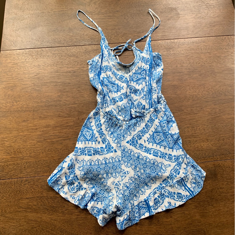 Love Tree White and Blue V-cut Romper